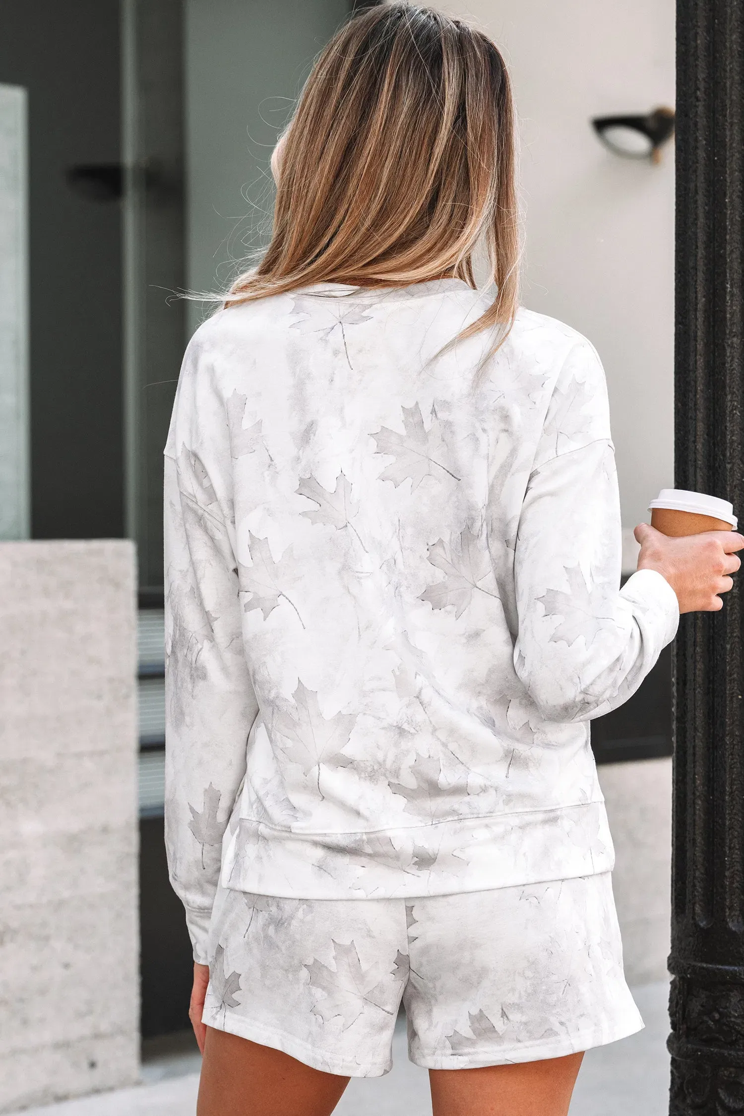 Soft cream and gray leaf-print lounge set