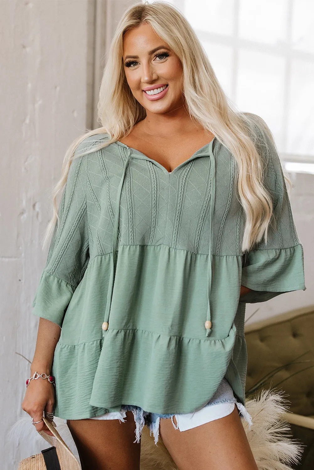 Laurel Green Tie Split Neck Textured Ruffle Patchwork Blouse