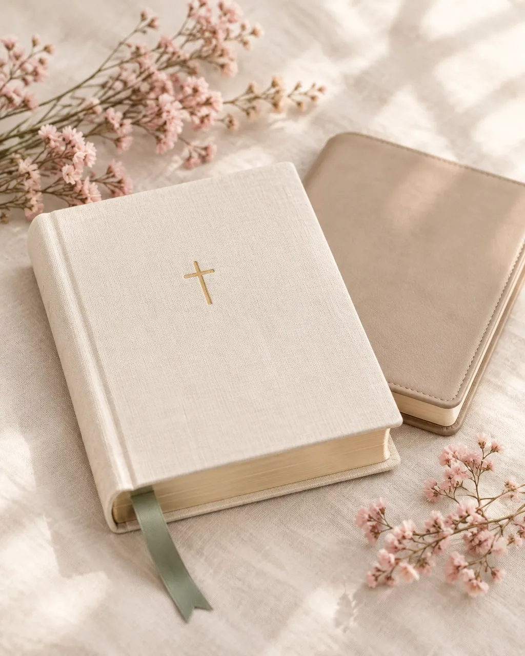 A closed Bible with a ribbon bookmark, journal, and dried flowers