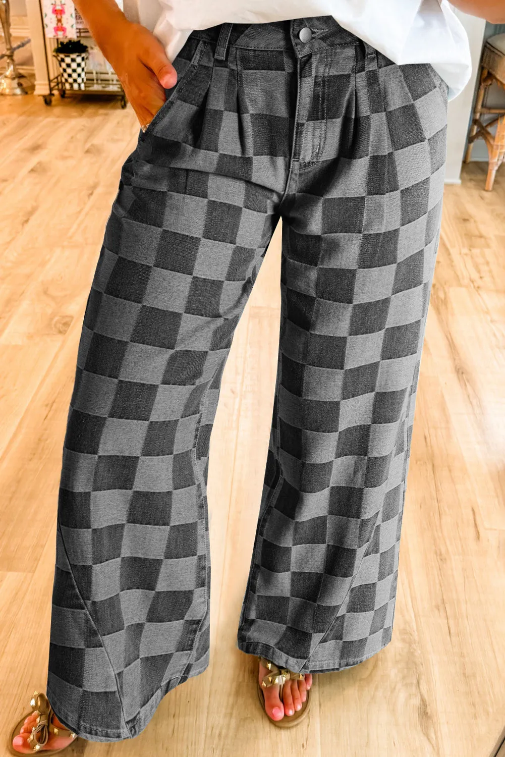 Dark gray checkered denim wide-leg jeans